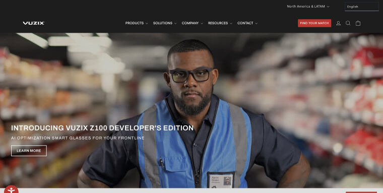 Screenshot of Vuzix's homepage.